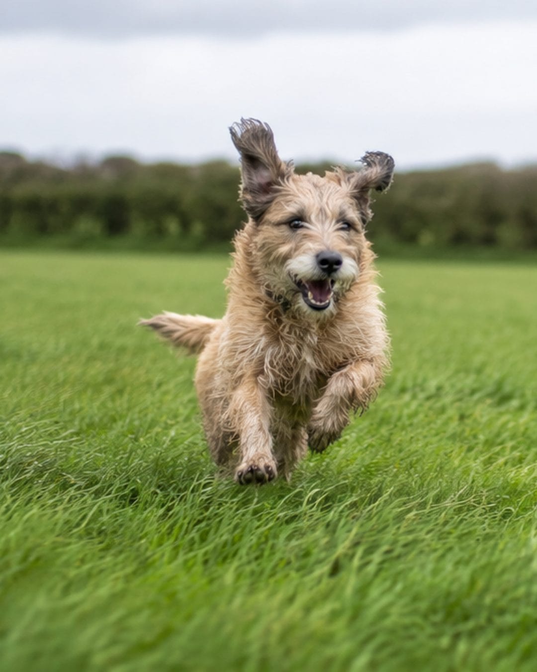 A dog at full sprint across open grass in an enclosed field, ears flying